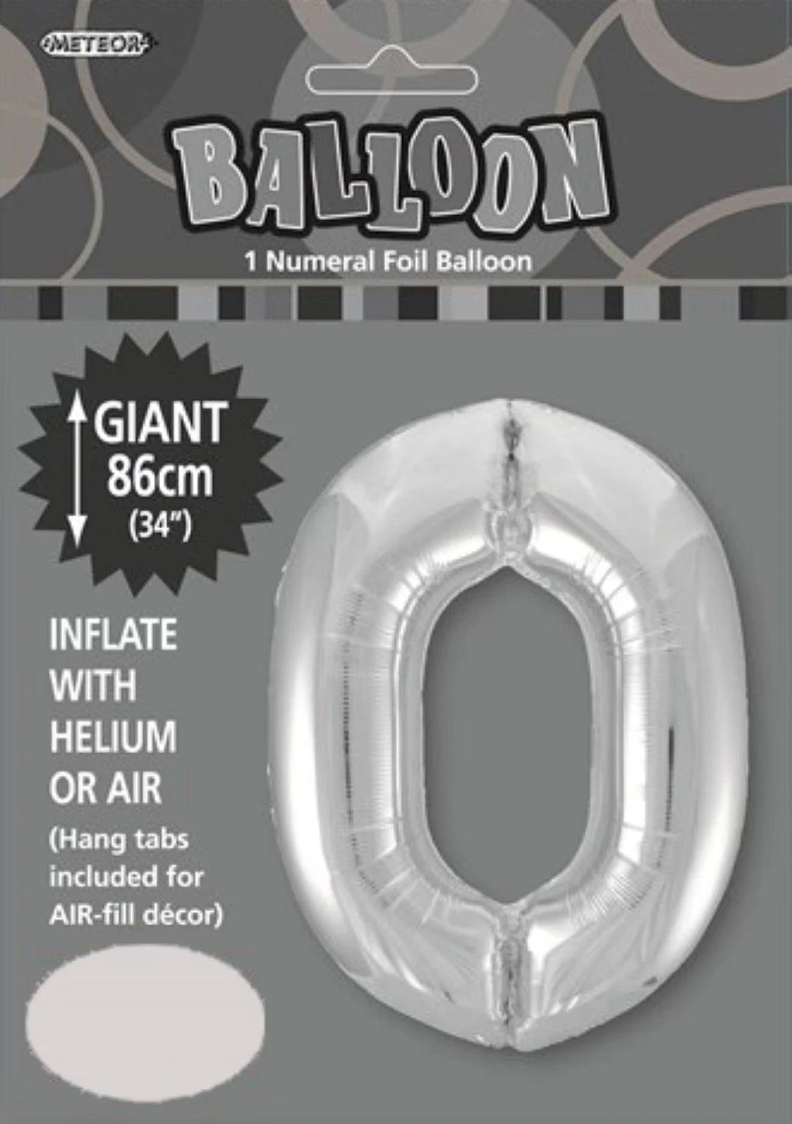 silver colour; number 0 shape; foil material; 34 inch (86cm) size; packaged with header card;