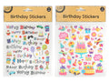 silver foil details; various colourful birthday-themed designs; includes images of cakes, balloons, gifts; sticker sheet in clear plastic packaging; labelled Birthday Stickers on yellow header;
