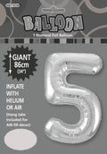 Silver colour foil balloon; Number 5 shape; 34 inch (86cm) size; Includes packaging with hang tab; Reflective shiny surface;