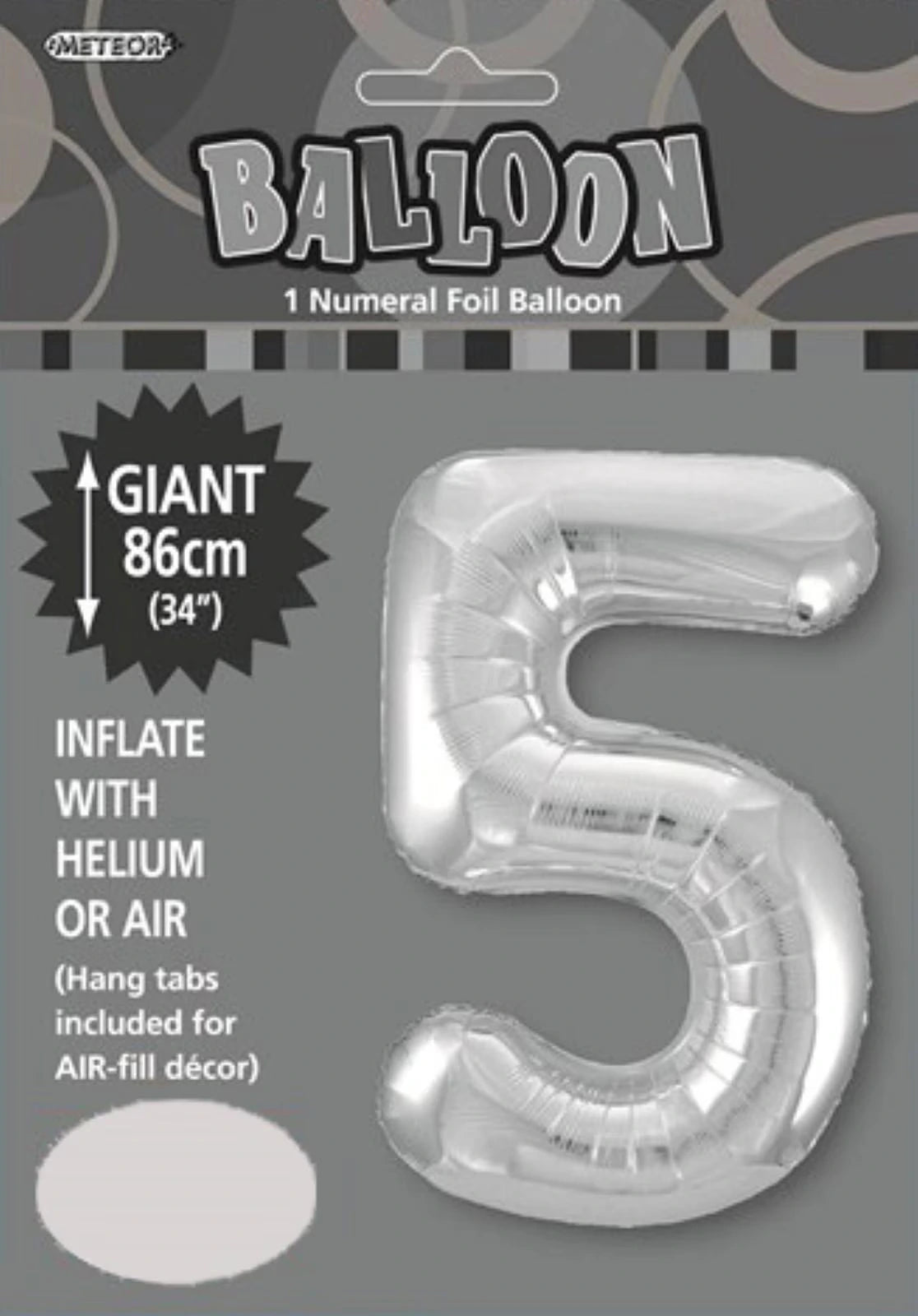 Silver colour foil balloon; Number 5 shape; 34 inch (86cm) size; Includes packaging with hang tab; Reflective shiny surface;