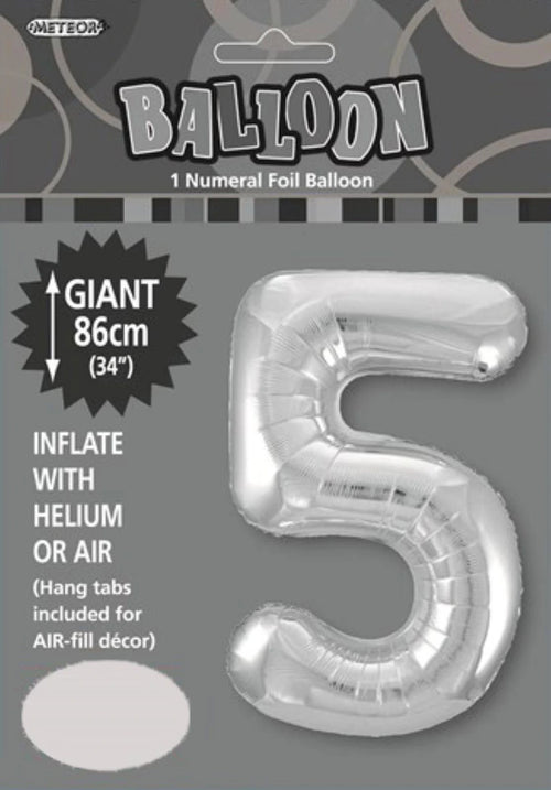 Silver colour foil balloon; Number 5 shape; 34 inch (86cm) size; Includes packaging with hang tab; Reflective shiny surface;