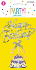 Silver coloured text in cursive script; Heart shape on right side; Silver bow tied on white stick; Plastic material; Approximately 20cm tall;