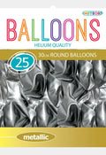 metallic silver colour; round balloon shape; latex material; pack labelled '25'; balloons shown uninflated;