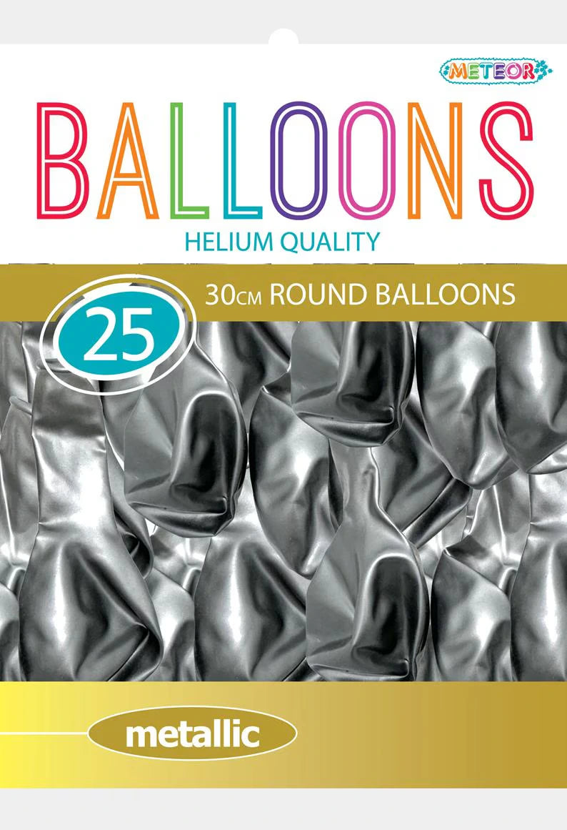 metallic silver colour; round balloon shape; latex material; pack labelled '25'; balloons shown uninflated;