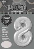 Silver colour foil balloon; Numeral shape number 8; Giant size 86 cm (34 inches); Packaging shows balloon inflated; Includes hang tabs for air-fill display;