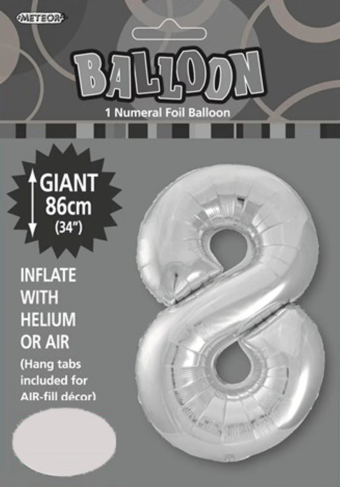 Silver colour foil balloon; Numeral shape number 8; Giant size 86 cm (34 inches); Packaging shows balloon inflated; Includes hang tabs for air-fill display;