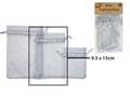 silver colour organza material; rectangular shape; drawstring closure with ribbon; set of 6 bags in packaging;