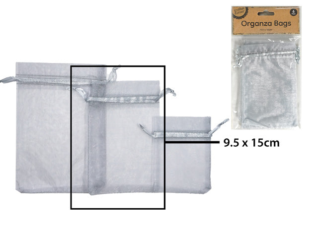 silver colour organza material; rectangular shape; drawstring closure with ribbon; set of 6 bags in packaging;