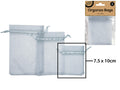 silver colour organza fabric; drawstring closure; rectangular shape; size approximately 7.5 x 10 cm;