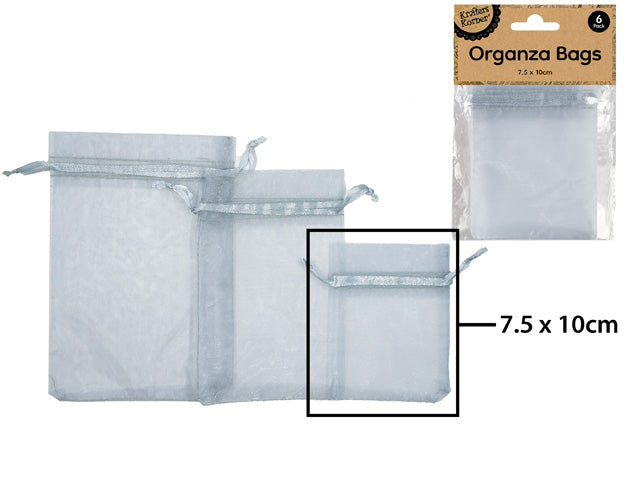 silver colour organza fabric; drawstring closure; rectangular shape; size approximately 7.5 x 10 cm;