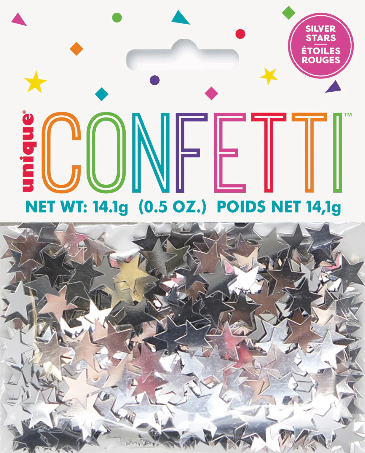 silver star-shaped foil confetti; 14g (0.5oz) quantity; transparent packaging with printed header card; multi-coloured confetti text on packaging;