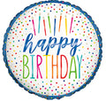 round balloon shape; silver background colour; multicoloured confetti dots; colourful candle graphics on front; blue border around edge;