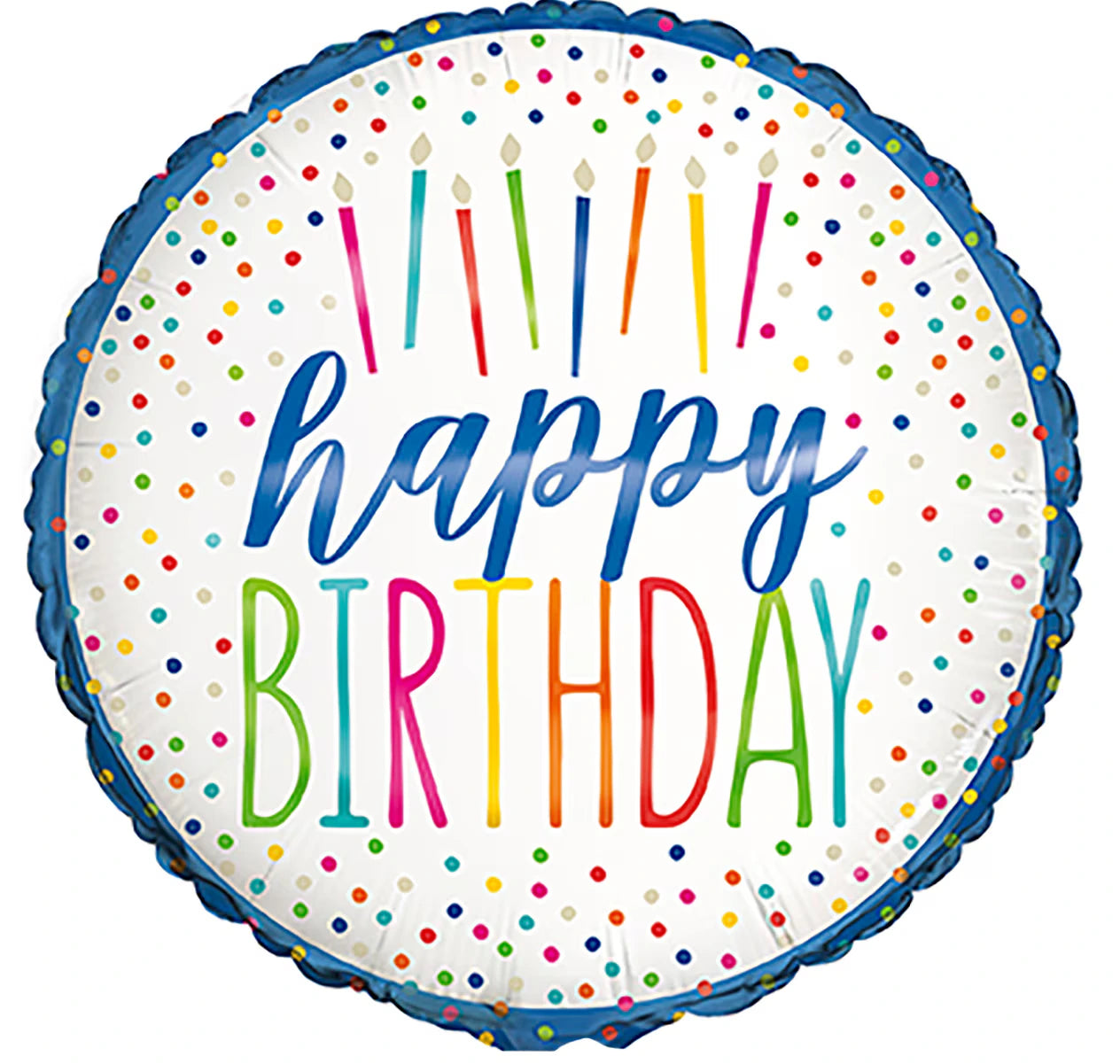 round balloon shape; silver background colour; multicoloured confetti dots; colourful candle graphics on front; blue border around edge;