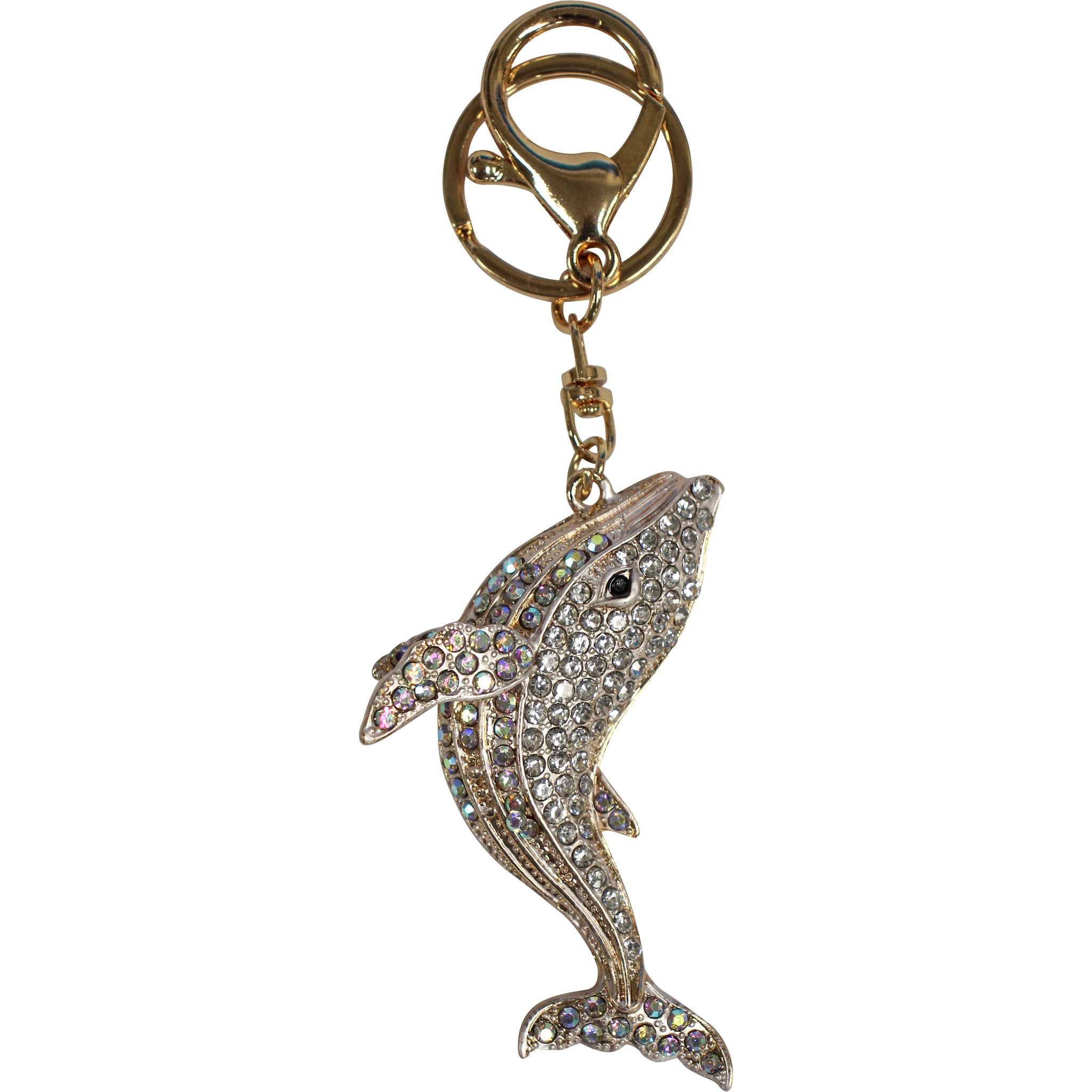whale-shaped charm; silver rhinestone finish; gold-toned keyring and lobster clasp; sparkly iridescent stones; approximately 7x5cm size;