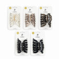 Medium-sized plastic claw clips; Neutral colours including clear, brown and black; Metal spring closure mechanism; Each clip displayed on white branded card packaging;