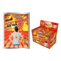 Orange and red packaging with flame graphics; Single use heat pack size 11x14cm shown; Text stating 15 hours of heat; Image of person wearing pack on back; Silver foil sealed pouch;