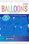 sky blue colour; latex material; 30cm round shape; pack of 25 balloons; decorator branding;