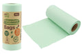 light green colour bags; brown paper packaging label; roll of bags; label indicates 12 litre size; pack contains 20 bags;