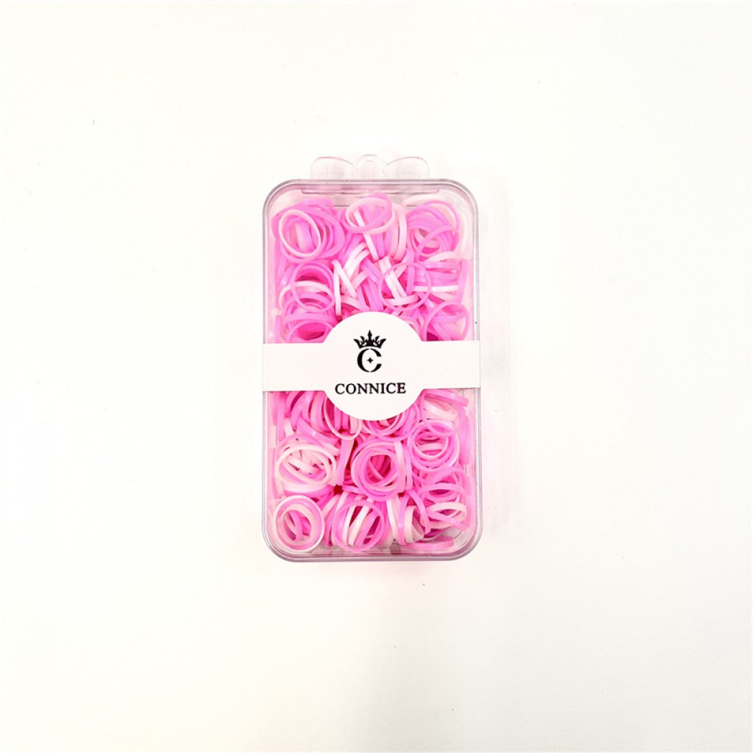 Clear rectangular plastic box packaging; Elastic hair bands in pink and white colours; Compact small-sized bands; White brand label with black CONNICE logo;