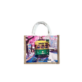 Pink and white colour scheme; Melbourne tram graphic on front; Rectangular jute bag shape; White rope handles; Snap button closure;