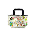 cream coloured fabric; printed Australia map with states labelled; colourful native birds and flowers around map; black handles; zip fastener;