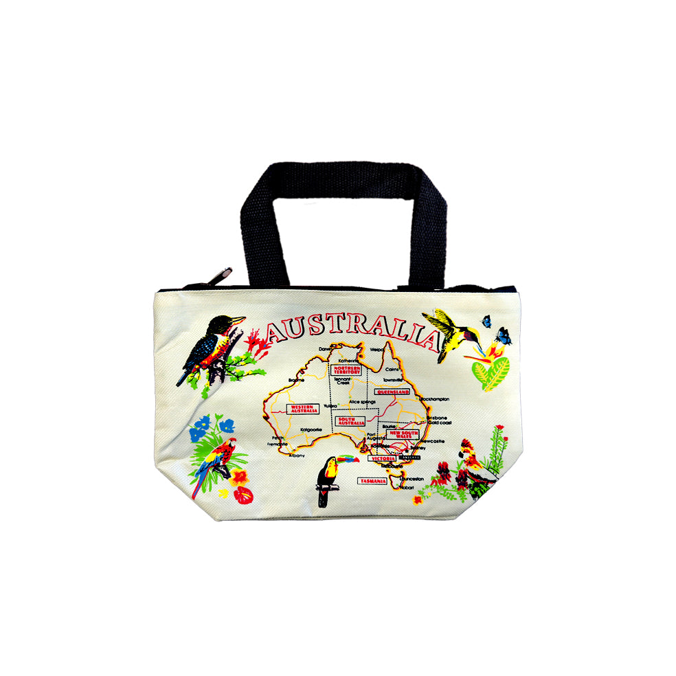 cream coloured fabric; printed Australia map with states labelled; colourful native birds and flowers around map; black handles; zip fastener;