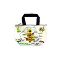 rectangular shape with flat base; printed Australian map with city names; black fabric handles; zip closure on top; cream coloured fabric with animal illustrations;