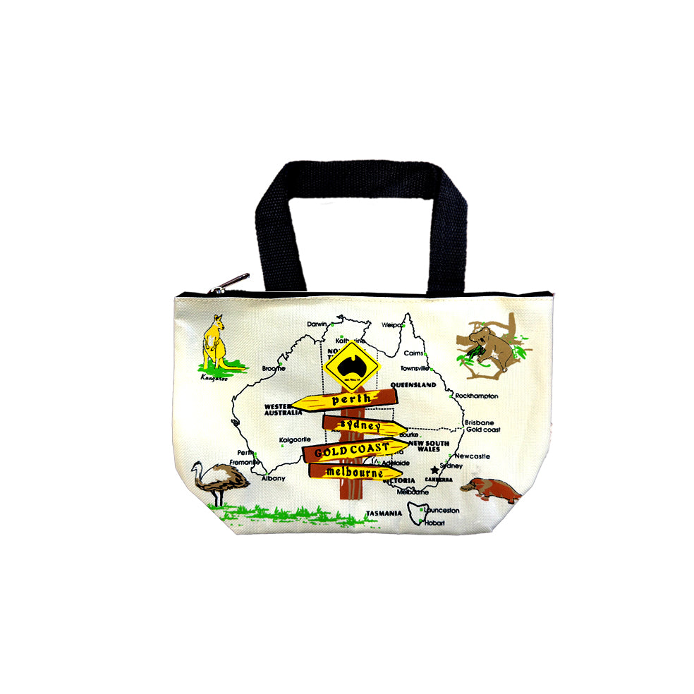 rectangular shape with flat base; printed Australian map with city names; black fabric handles; zip closure on top; cream coloured fabric with animal illustrations;
