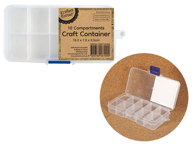 clear plastic material; rectangular shape; 10 individual compartments; purple snap latch; compact size;