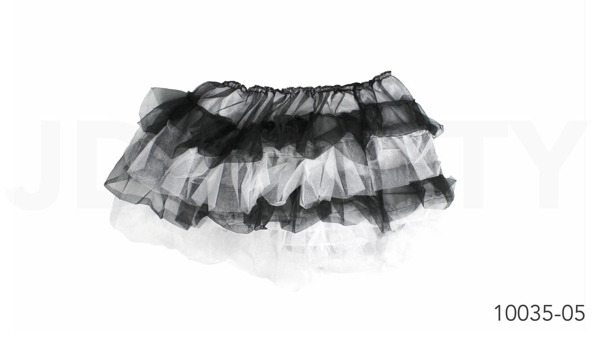 Layered, ruffled tulle fabric; Black and white colour combination; Gathered waistband; Short, full skirt shape;