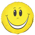 Yellow round foil balloon; Smiley face printed in black and white; Shiny reflective surface; 45cm (18 inch) size;