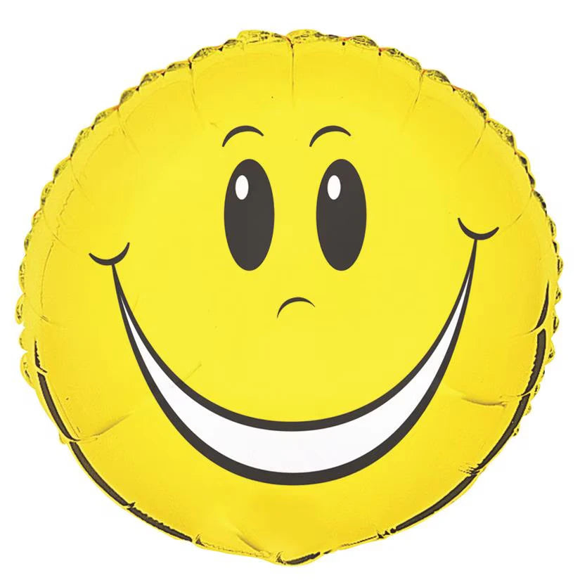 Yellow round foil balloon; Smiley face printed in black and white; Shiny reflective surface; 45cm (18 inch) size;