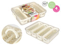 cream coloured base with 4 compartments; clear plastic lid with handle; carry handle integrated into lid; ventilation holes in compartments;