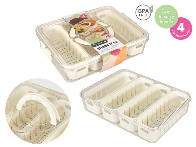 cream coloured base with 4 compartments; clear plastic lid with handle; carry handle integrated into lid; ventilation holes in compartments;