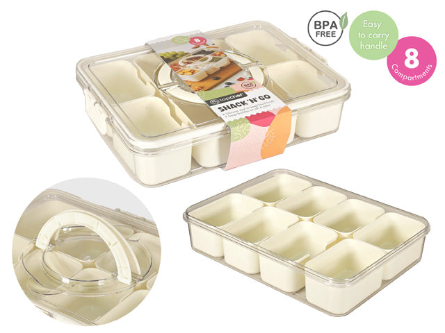 8 small white compartments; clear plastic lid; foldable carry handle on lid; square shape; BPA free label;