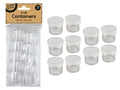 clear plastic containers; white snap-on lids; cylindrical shape; 10 pack blister pack packaging;