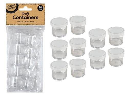 clear plastic containers; white snap-on lids; cylindrical shape; 10 pack blister pack packaging;