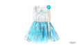 Blue and silver-toned accessories; Tiara with blue heart-shaped gem details; Long blonde plaited hairpiece; Blue circular clip with a white snowflake design;