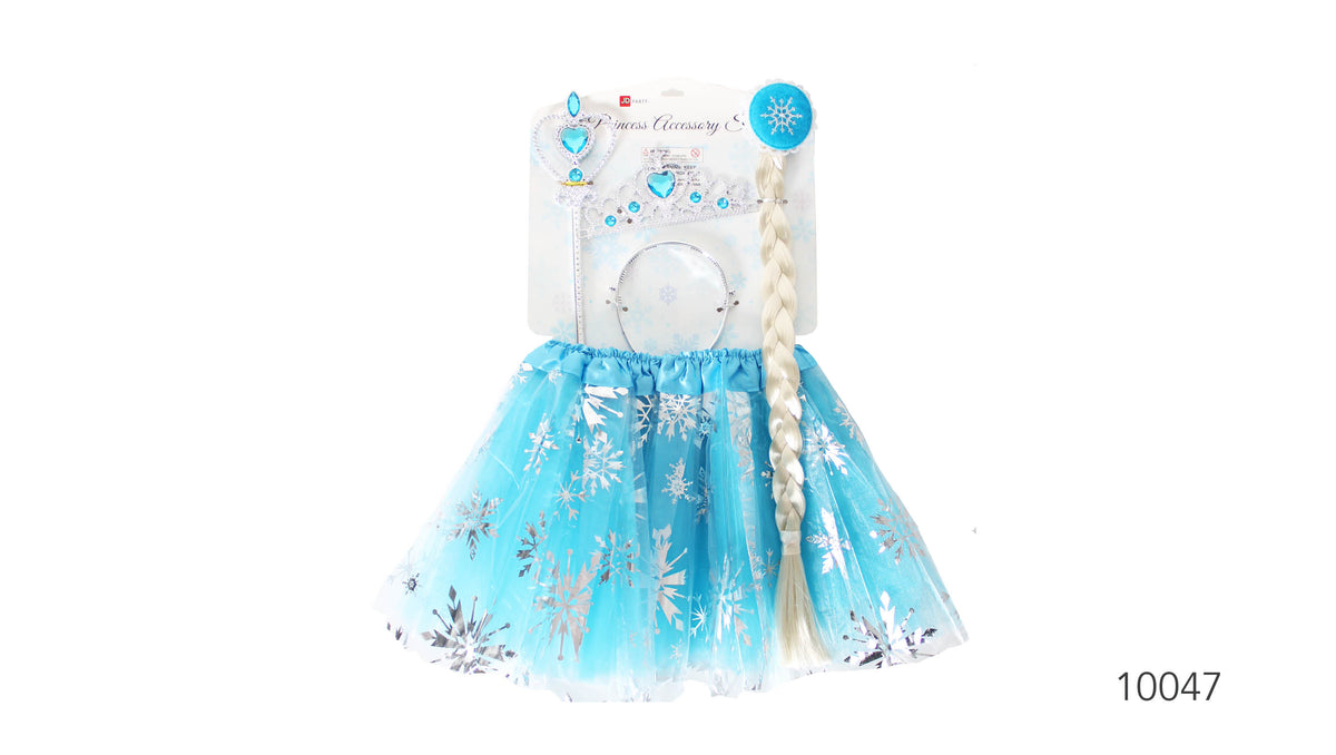 Blue and silver-toned accessories; Tiara with blue heart-shaped gem details; Long blonde plaited hairpiece; Blue circular clip with a white snowflake design;