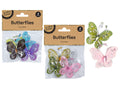 soft nylon material; approximate size 5 x 5.5 cm; glitter detail on wings; wire antennae with beads; varied colours including green, pink, silver, blue, purple, brown;
