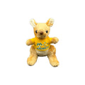 light brown plush kangaroo; yellow T-shirt with Australia text and stars; black eyes and brown nose; soft, furry fabric;