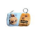 plush fabric material; light brown and white colours; 3D kangaroo head detail; embroidered kangaroo paw prints; metal keyring attached;