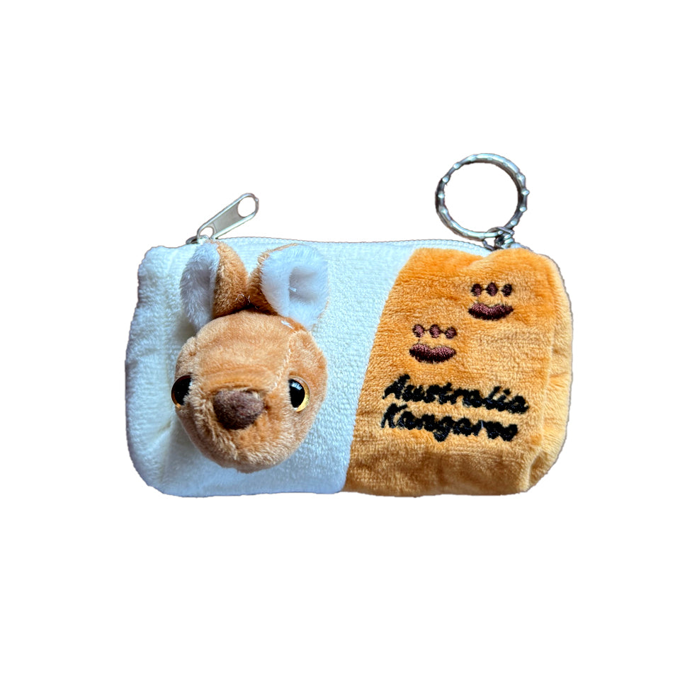 plush fabric material; light brown and white colours; 3D kangaroo head detail; embroidered kangaroo paw prints; metal keyring attached;