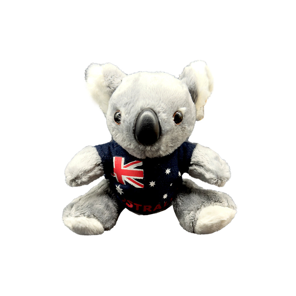 grey and white plush koala; wearing navy shirt with Australian flag print; large black eyes and nose; 15cm height, sitting position;