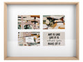 Natural wood finish frame; Rectangular shape; Four 10x15cm openings; White mat around photos;