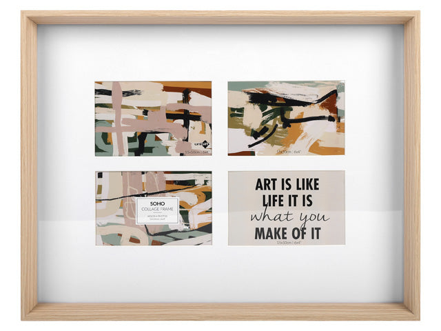 Natural wood finish frame; Rectangular shape; Four 10x15cm openings; White mat around photos;
