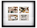 Black rectangular frame; White matting with 4 openings; Each opening sized for 10x15cm photos; Protective glass front;