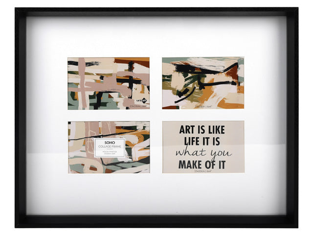 Black rectangular frame; White matting with 4 openings; Each opening sized for 10x15cm photos; Protective glass front;