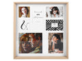 natural light wood frame; square shape; 7 photo openings; 4 different photo sizes; clear glass front;