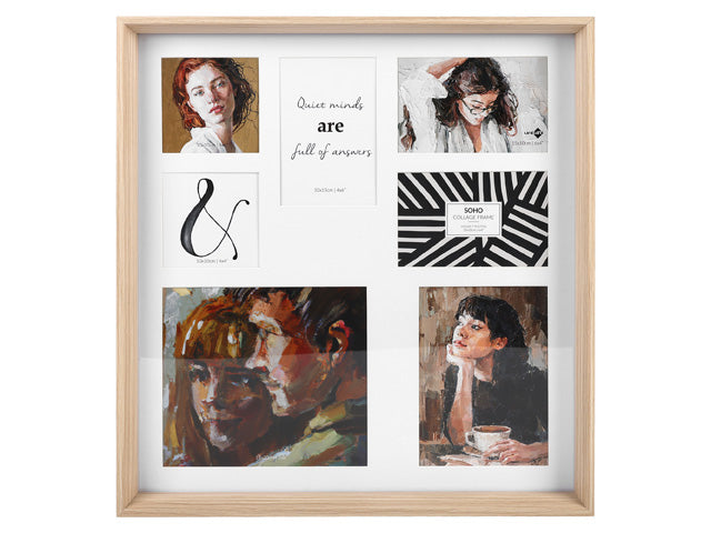 natural light wood frame; square shape; 7 photo openings; 4 different photo sizes; clear glass front;
